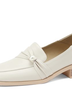 Vintage Chunky Mid-Heel Pearl Bow Single Shoes for Women - 2025 Genuine Leather Square-Toe Design, Stylish and Sophisticated