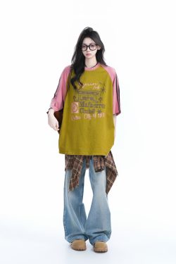 Vintage Color-Blocked Raglan Short Sleeve T-Shirt for Women - Distressed Loose Casual Style, Trendy Half-Sleeve Top