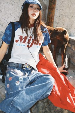 Vintage Color-Blocking Star Shoulder Short Sleeve T-Shirt for Women - Slim Fit Summer Versatile Top, Y2K Style