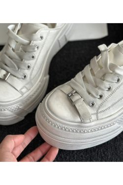 Vintage Cowhide Thick-Soled White Lace-Up Casual Sports Shoes for Petite Sizes - Versatile Canvas Style