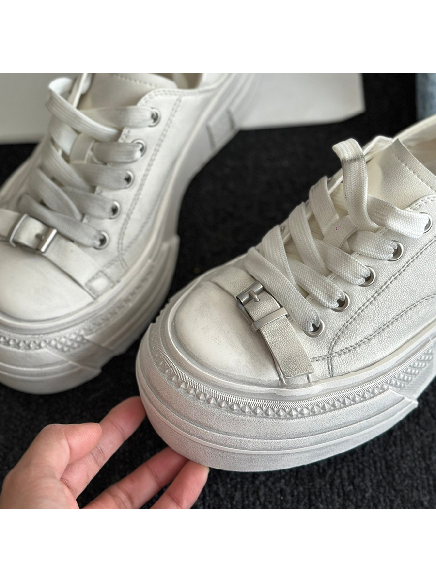 Vintage Cowhide Thick-Soled White Lace-Up Casual Sports Shoes for Petite Sizes - Versatile Canvas Style Vintage Cowhide Thick-Soled White Lace-Up Casual Sports Shoes for Petite Sizes - Versatile Canvas Style