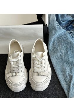 Vintage Cowhide Thick-Soled White Lace-Up Casual Sports Shoes for Petite Sizes - Versatile Canvas Style