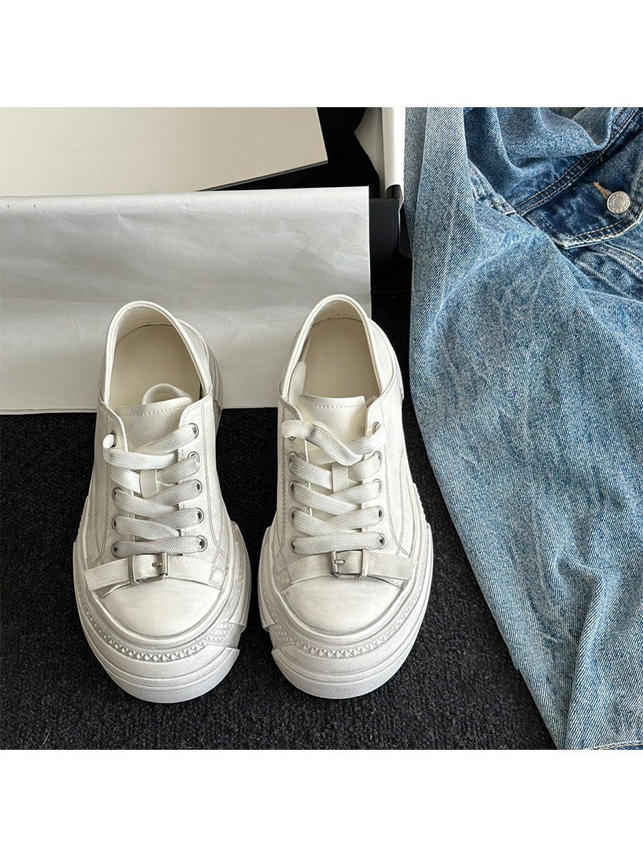 Vintage Cowhide Thick-Soled White Lace-Up Casual Sports Shoes for Petite Sizes - Versatile Canvas Style Vintage Cowhide Thick-Soled White Lace-Up Casual Sports Shoes for Petite Sizes - Versatile Canvas Style
