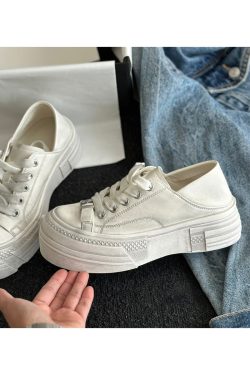 Vintage Cowhide Thick-Soled White Lace-Up Casual Sports Shoes for Petite Sizes - Versatile Canvas Style