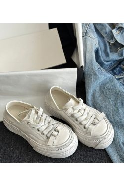 Vintage Cowhide Thick-Soled White Lace-Up Casual Sports Shoes for Petite Sizes - Versatile Canvas Style