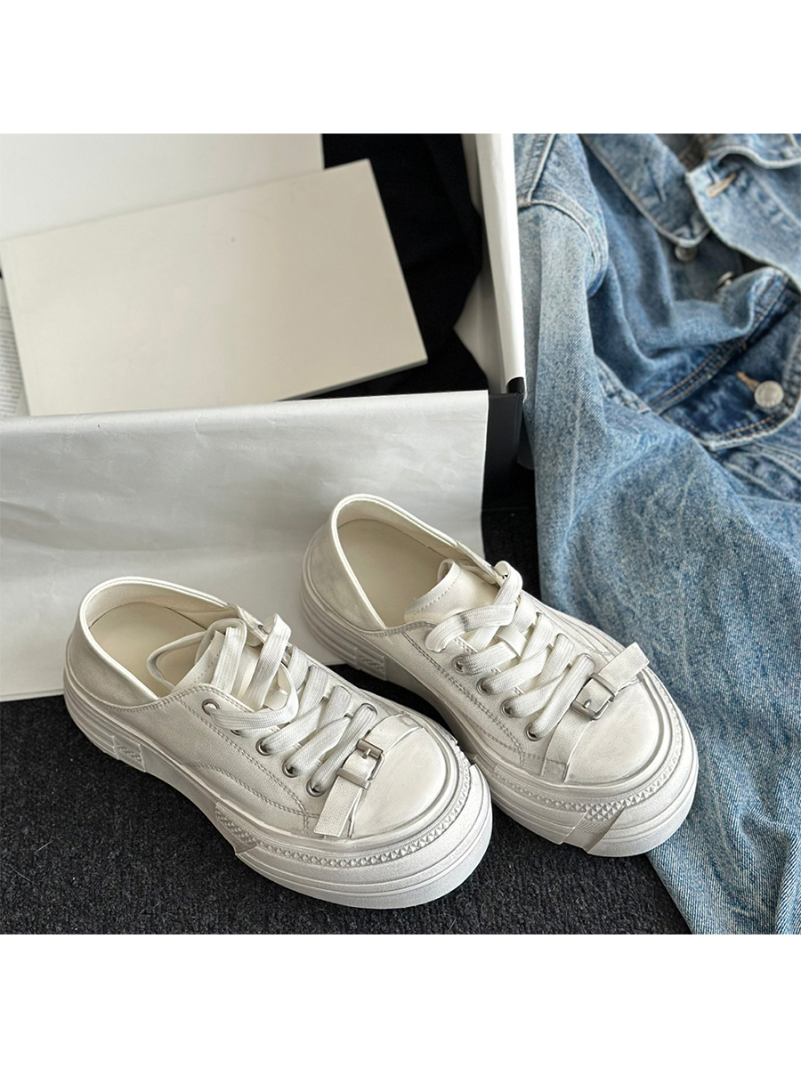 Vintage Cowhide Thick-Soled White Lace-Up Casual Sports Shoes for Petite Sizes - Versatile Canvas Style Vintage Cowhide Thick-Soled White Lace-Up Casual Sports Shoes for Petite Sizes - Versatile Canvas Style