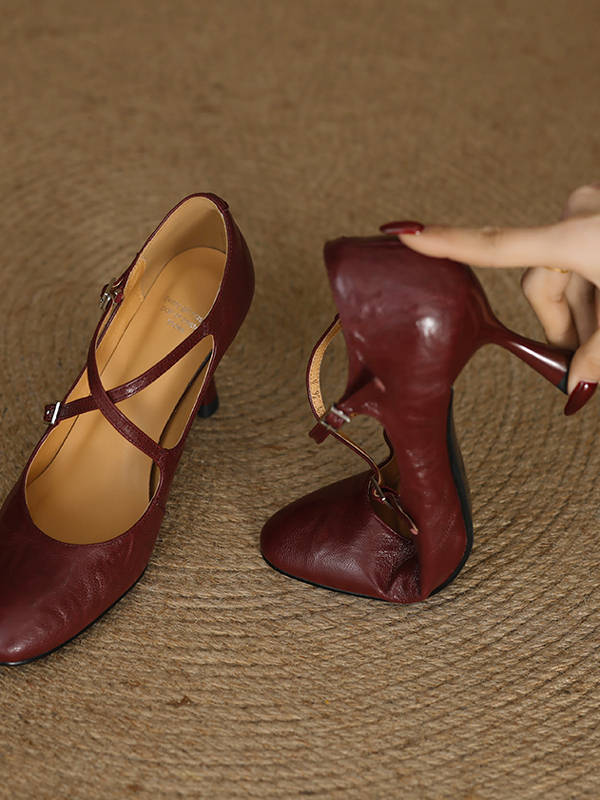 Vintage Cross-Strap Thin-Heeled High Heels for Women - 2025 Spring Summer Shallow Mouth Wine Red Shoes Vintage Cross-Strap Thin-Heeled High Heels for Women - 2025 Spring Summer Shallow Mouth Wine Red Shoes
