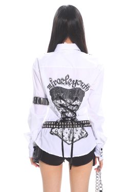 Vintage Dark Style Printed Tie Waist Shirt Blouse for Women - Sexy Summer Niche Design, Retro Y2K Inspired Fashion