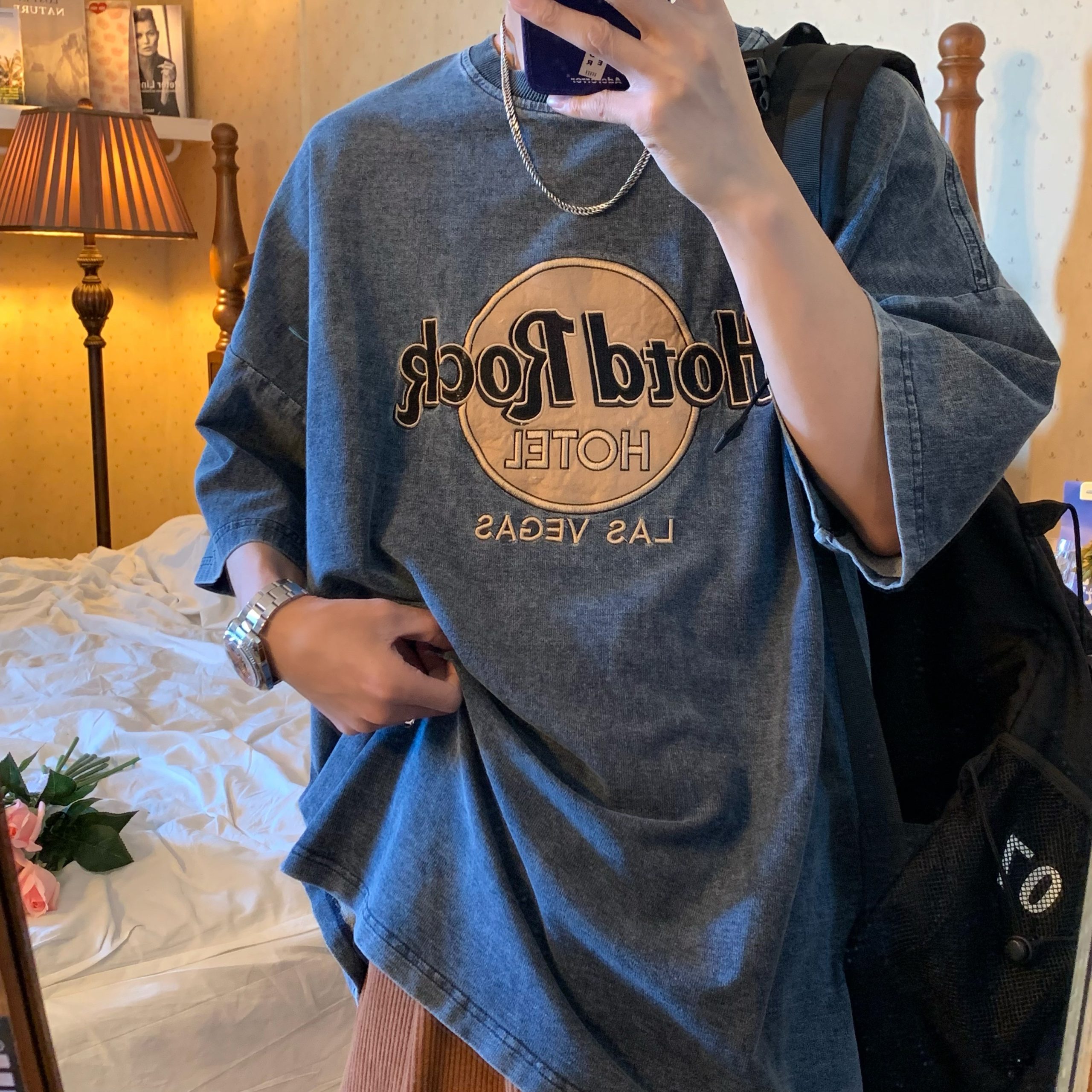 Vintage Denim Rock Style Loose Short Sleeve T-Shirt for Summer 2024 - Handmade Wash-Worn Casual Look Vintage Denim Rock Style Loose Short Sleeve T-Shirt for Summer 2024 - Handmade Wash-Worn Casual Look