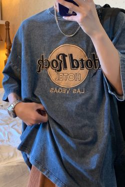 Vintage Denim Rock Style Loose Short Sleeve T-Shirt for Summer 2024 - Handmade Wash-Worn Casual Look