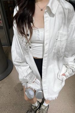 Vintage Distressed Letter Print Long Sleeve Frayed Shirt - Unisex Relaxed Fit Streetwear Jacket