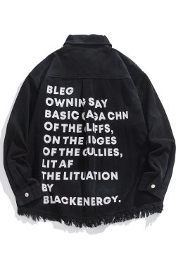 Vintage Distressed Letter Print Long Sleeve Frayed Shirt - Unisex Relaxed Fit Streetwear Jacket