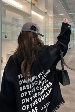 Vintage Distressed Letter Print Long Sleeve Frayed Shirt - Unisex Relaxed Fit Streetwear Jacket