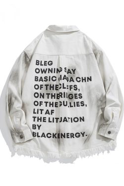 Vintage Distressed Letter Print Long Sleeve Frayed Shirt - Unisex Relaxed Fit Streetwear Jacket