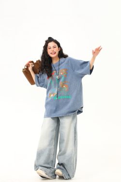 Vintage Distressed Printed Short Sleeve T-Shirt for Men and Women, Loose Fit Couple Tee, Retro American Style, Casual Fashion