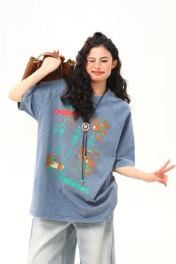 Vintage Distressed Printed Short Sleeve T-Shirt for Men and Women, Loose Fit Couple Tee, Retro American Style, Casual Fashion