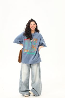 Vintage Distressed Printed Short Sleeve T-Shirt for Men and Women, Loose Fit Couple Tee, Retro American Style, Casual Fashion