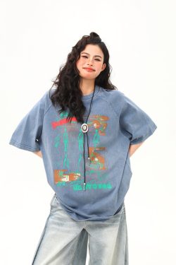 Vintage Distressed Printed Short Sleeve T-Shirt for Men and Women, Loose Fit Couple Tee, Retro American Style, Casual Fashion