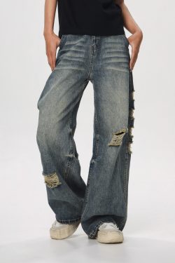 Vintage Distressed Ripped Jeans for Women - Loose Straight Leg Flared Pants, Casual 90s American Style