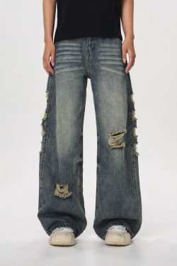 Vintage Distressed Ripped Jeans for Women - Loose Straight Leg Flared Pants, Casual 90s American Style