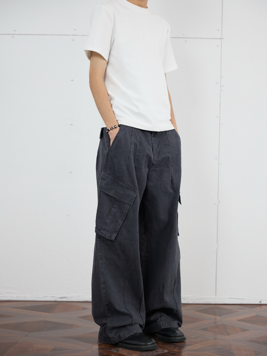 Vintage Distressed Wide-Leg Trousers for Men - 2025 Curved Knife Casual Pants, Loose Heavyweight Workwear Style Vintage Distressed Wide-Leg Trousers for Men - 2025 Curved Knife Casual Pants, Loose Heavyweight Workwear Style