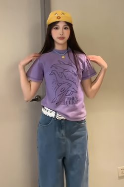 Vintage Dolphin Print Short Sleeve T-Shirt for Women, Slim Fit Summer Top, Round Neck Trendy Casual Style