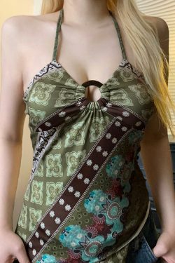 Vintage Elements Irregular Pattern Neckline Backless Women's Tank Top with Round Ring Buckle - Y2K Inspired Fashion
