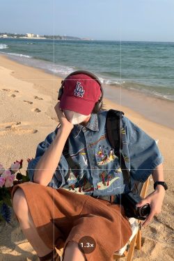 Vintage Embroidered Coconut Tree Denim Shirt - Unisex Short Sleeve Hawaiian Beach Style Top, Handmade & Reworked, Perfect for Summer