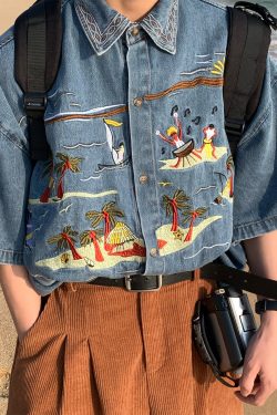 Vintage Embroidered Coconut Tree Denim Shirt - Unisex Short Sleeve Hawaiian Beach Style Top, Handmade & Reworked, Perfect for Summer