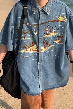 Vintage Embroidered Coconut Tree Denim Shirt - Unisex Short Sleeve Hawaiian Beach Style Top, Handmade & Reworked, Perfect for Summer