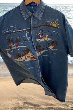 Vintage Embroidered Coconut Tree Denim Shirt - Unisex Short Sleeve Hawaiian Beach Style Top, Handmade & Reworked, Perfect for Summer