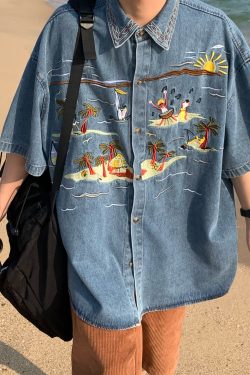 Vintage Embroidered Coconut Tree Denim Shirt - Unisex Short Sleeve Hawaiian Beach Style Top, Handmade & Reworked, Perfect for Summer