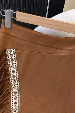 Vintage Ethnic Style Embroidered Tassel Short Skirt - Irregular Hem Suede Feel Bohemian Half Skirt for 90s Y2K Fashion