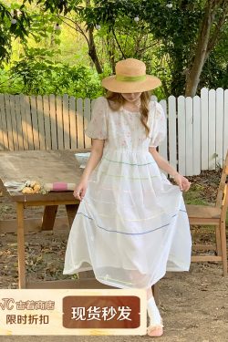 Vintage 'Finding Dream Island' French Puff Sleeve Dress - Women's Summer Organza Long Skirt, 90s Style, Boho Chic Fashion
