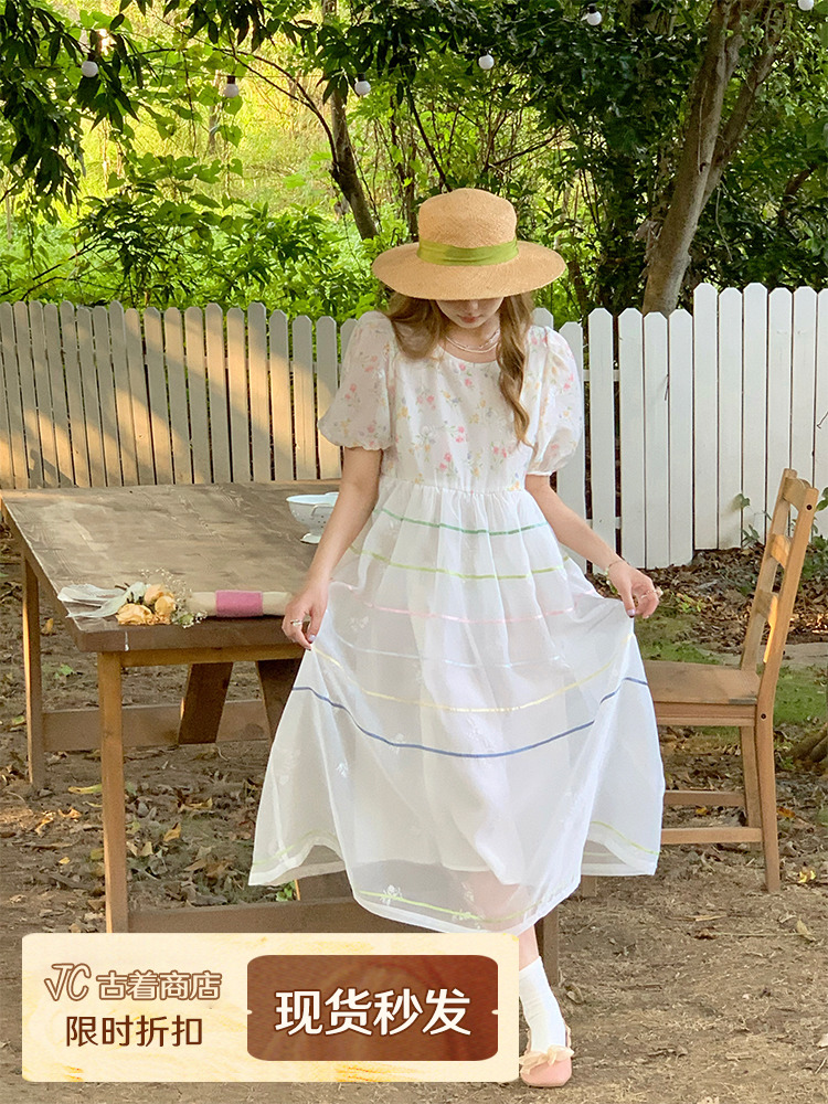 Vintage 'Finding Dream Island' French Puff Sleeve Dress - Women's Summer Organza Long Skirt, 90s Style, Boho Chic Fashion Vintage 'Finding Dream Island' French Puff Sleeve Dress - Women's Summer Organza Long Skirt, 90s Style, Boho Chic Fashion