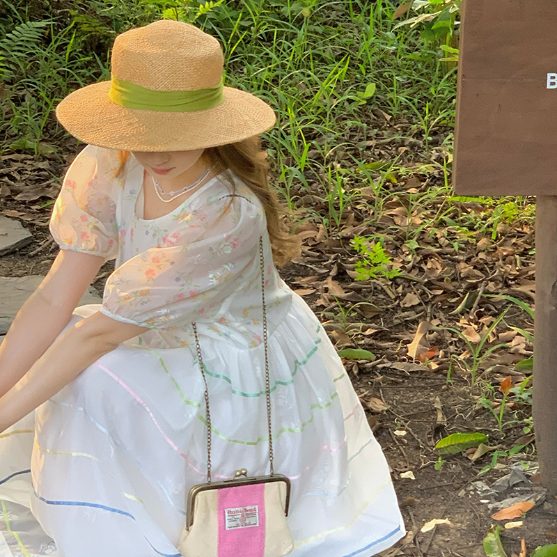 Vintage 'Finding Dream Island' French Puff Sleeve Dress - Women's Summer Organza Long Skirt, 90s Style, Boho Chic Fashion Vintage 'Finding Dream Island' French Puff Sleeve Dress - Women's Summer Organza Long Skirt, 90s Style, Boho Chic Fashion