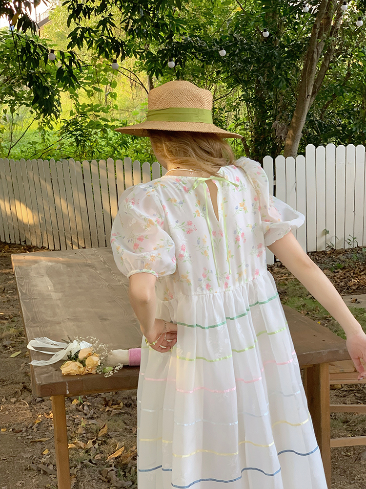 Vintage 'Finding Dream Island' French Puff Sleeve Dress - Women's Summer Organza Long Skirt, 90s Style, Boho Chic Fashion Vintage 'Finding Dream Island' French Puff Sleeve Dress - Women's Summer Organza Long Skirt, 90s Style, Boho Chic Fashion