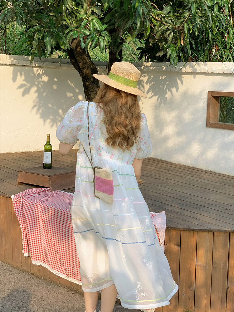 Vintage 'Finding Dream Island' French Puff Sleeve Dress - Women's Summer Organza Long Skirt, 90s Style, Boho Chic Fashion Vintage 'Finding Dream Island' French Puff Sleeve Dress - Women's Summer Organza Long Skirt, 90s Style, Boho Chic Fashion