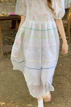 Vintage 'Finding Dream Island' French Puff Sleeve Dress - Women's Summer Organza Long Skirt, 90s Style, Boho Chic Fashion