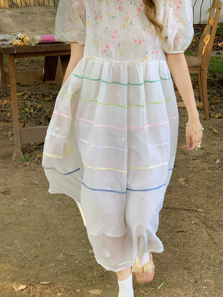 Vintage 'Finding Dream Island' French Puff Sleeve Dress - Women's Summer Organza Long Skirt, 90s Style, Boho Chic Fashion Vintage 'Finding Dream Island' French Puff Sleeve Dress - Women's Summer Organza Long Skirt, 90s Style, Boho Chic Fashion