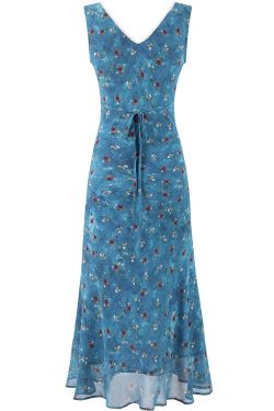 Vintage Floral Blue Dress for Women - Waist-Defined Summer Vacation Style - 2025 French Inspired Long Dress