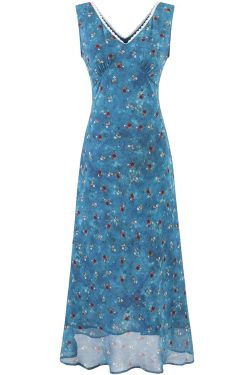 Vintage Floral Blue Dress for Women - Waist-Defined Summer Vacation Style - 2025 French Inspired Long Dress