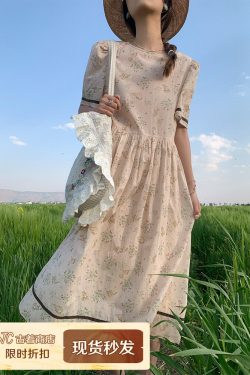 Vintage Floral Dress for Women - Retro Forest Style Loose Short Sleeve Cotton Long Dress for Summer, Boho Chic 90s Look