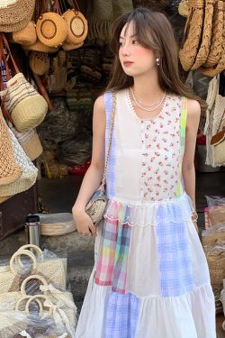 Vintage Floral Linen Short Sleeve Dress for Women - Retro Summer Vacation Tank Dress, Boho Chic Style
