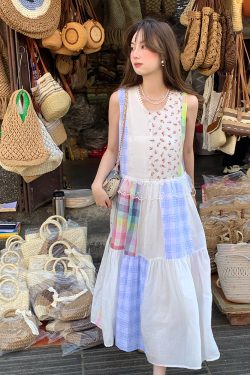 Vintage Floral Linen Short Sleeve Dress for Women - Retro Summer Vacation Tank Dress, Boho Chic Style