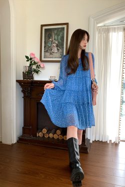 Vintage Floral Long Sleeve Dress for Women - Versailles Rose Chiffon Skirt, Spring Summer Vacation Style, Y2K Inspired Fashion