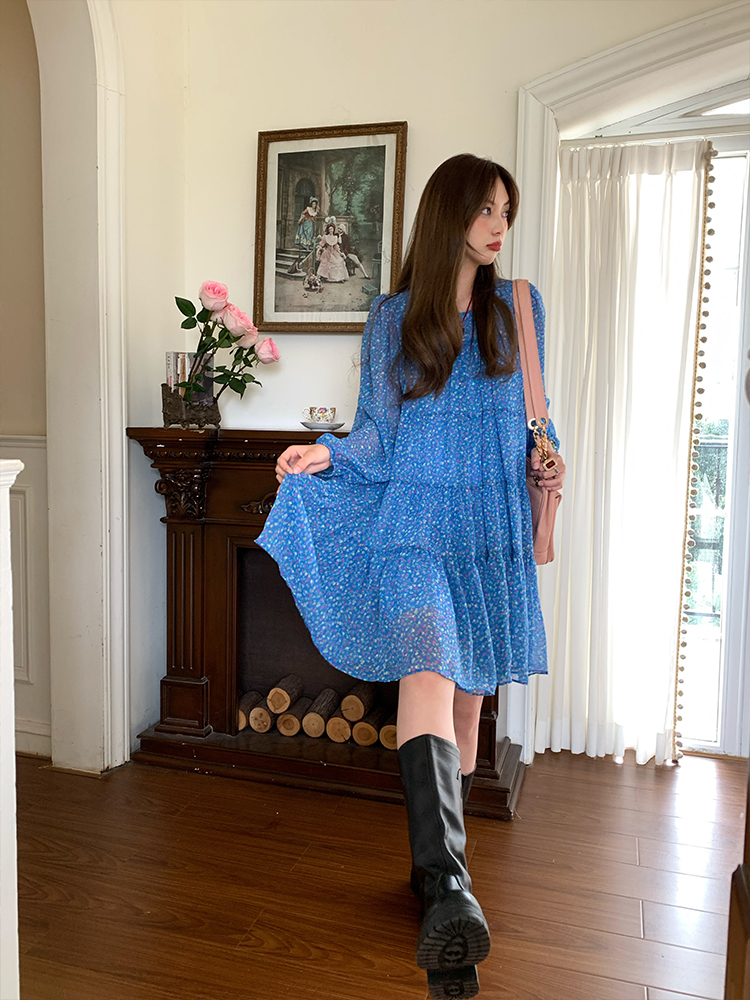 Vintage Floral Long Sleeve Dress for Women - Versailles Rose Chiffon Skirt, Spring Summer Vacation Style, Y2K Inspired Fashion Vintage Floral Long Sleeve Dress for Women - Versailles Rose Chiffon Skirt, Spring Summer Vacation Style, Y2K Inspired Fashion