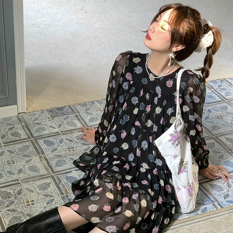 Vintage Floral Long Sleeve Dress for Women - Versailles Rose Chiffon Skirt, Spring Summer Vacation Style, Y2K Inspired Fashion Vintage Floral Long Sleeve Dress for Women - Versailles Rose Chiffon Skirt, Spring Summer Vacation Style, Y2K Inspired Fashion