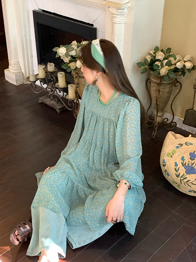 Vintage Floral Long Sleeve Dress for Women - Versailles Rose Chiffon Skirt, Spring Summer Vacation Style, Y2K Inspired Fashion Vintage Floral Long Sleeve Dress for Women - Versailles Rose Chiffon Skirt, Spring Summer Vacation Style, Y2K Inspired Fashion