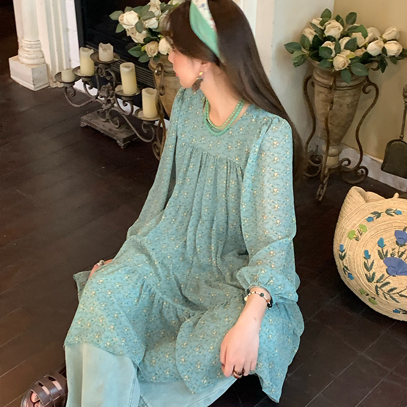 Vintage Floral Long Sleeve Dress for Women - Versailles Rose Chiffon Skirt, Spring Summer Vacation Style, Y2K Inspired Fashion Vintage Floral Long Sleeve Dress for Women - Versailles Rose Chiffon Skirt, Spring Summer Vacation Style, Y2K Inspired Fashion